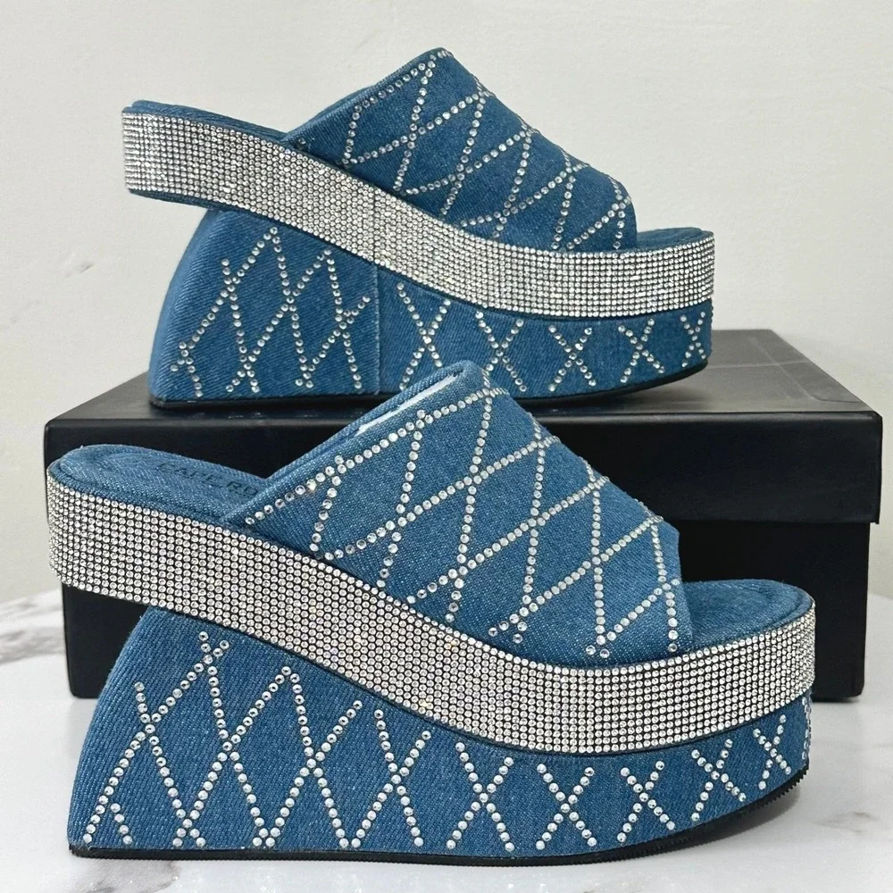 Cape Robbin Odona Rhinestone Denim Platform Wedge Slides Size 7‎ Y2K Bling Heels